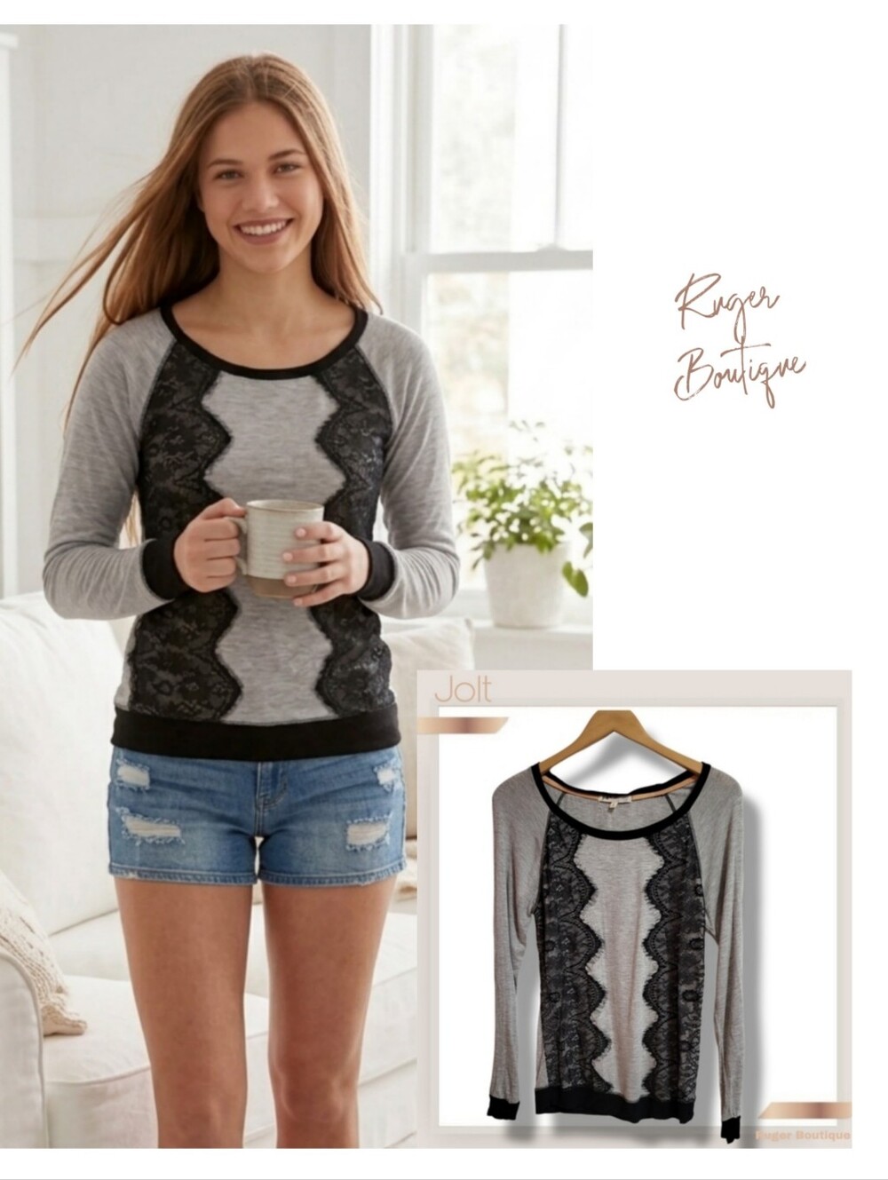 🌿Jolt Women's Small Gray Long Sleeve Top Black Lace Detail Lightweight Boho